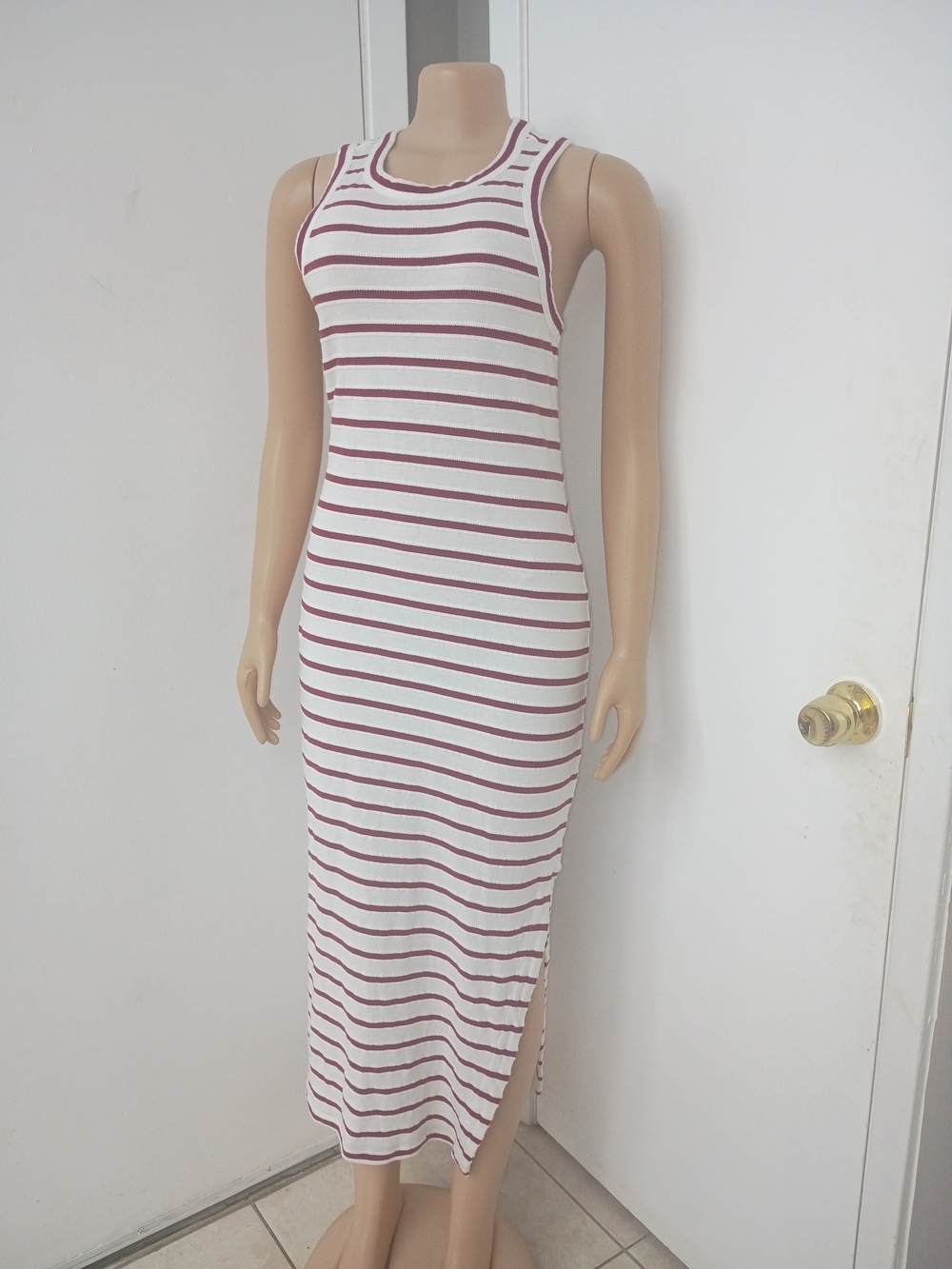 Striped Tank Midi Dress - White & Burgundy - Picture 5 of 8